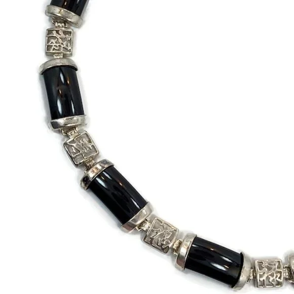 Black Onyx Bracelet, Sterling Bracelet, Asian Characters, Oriental Style,Vintage